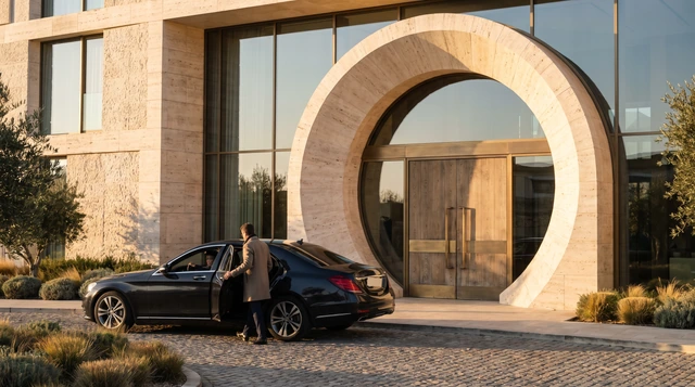 Arrival: a guest stepping out at the entrance of the property.